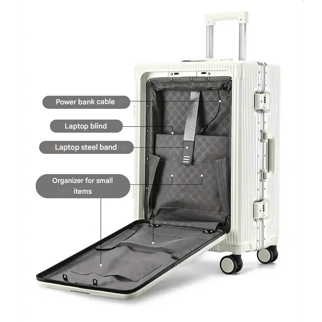 Smart hardshell carry-on with built-in portable charger for convenient, connected travel experiences.