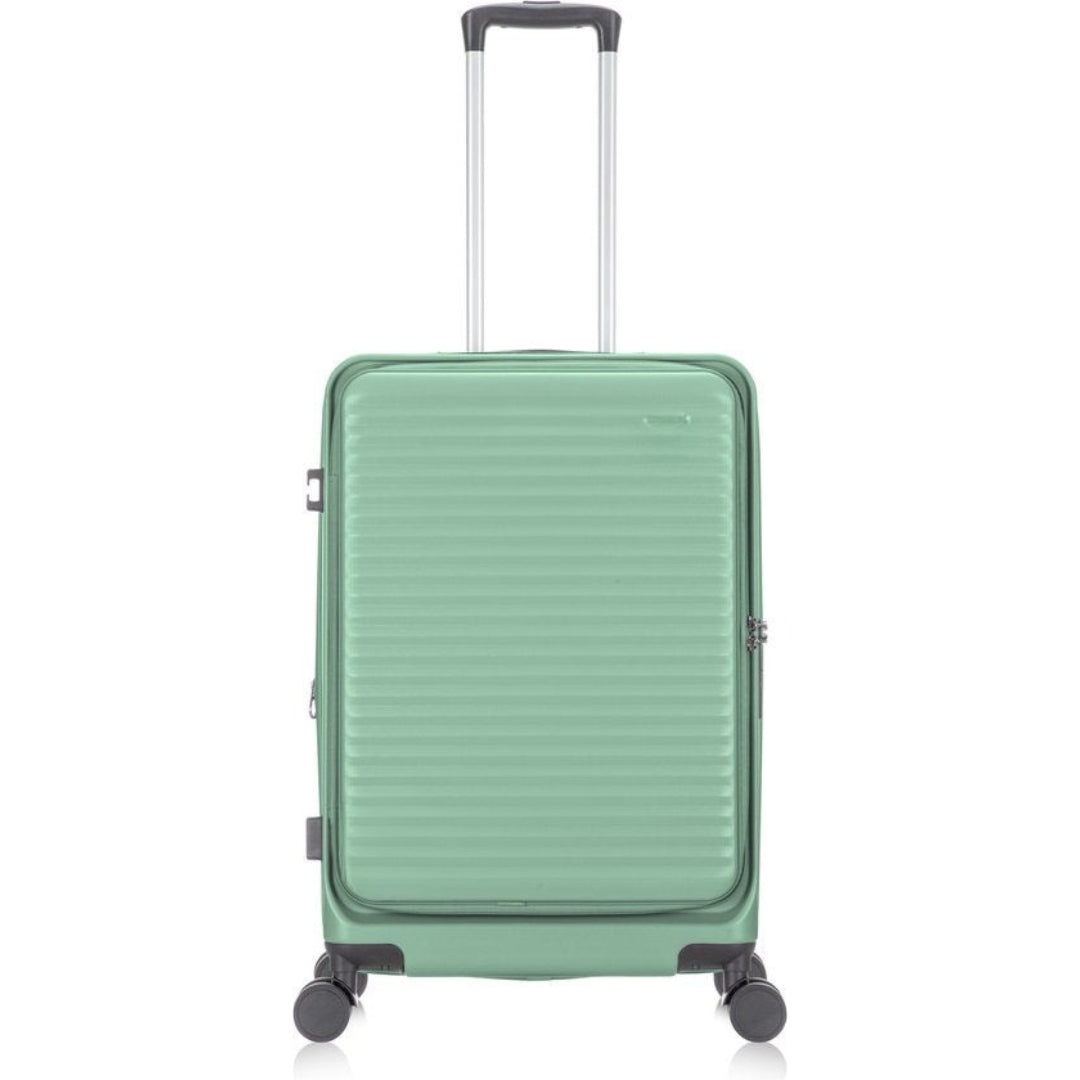 Unisex hardshell suitcase, black, with front laptop compartment & spinner wheels for business travel.
