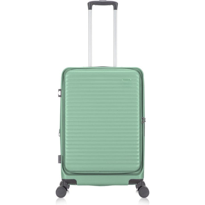 Unisex hardshell suitcase, black, with front laptop compartment & spinner wheels for business travel.