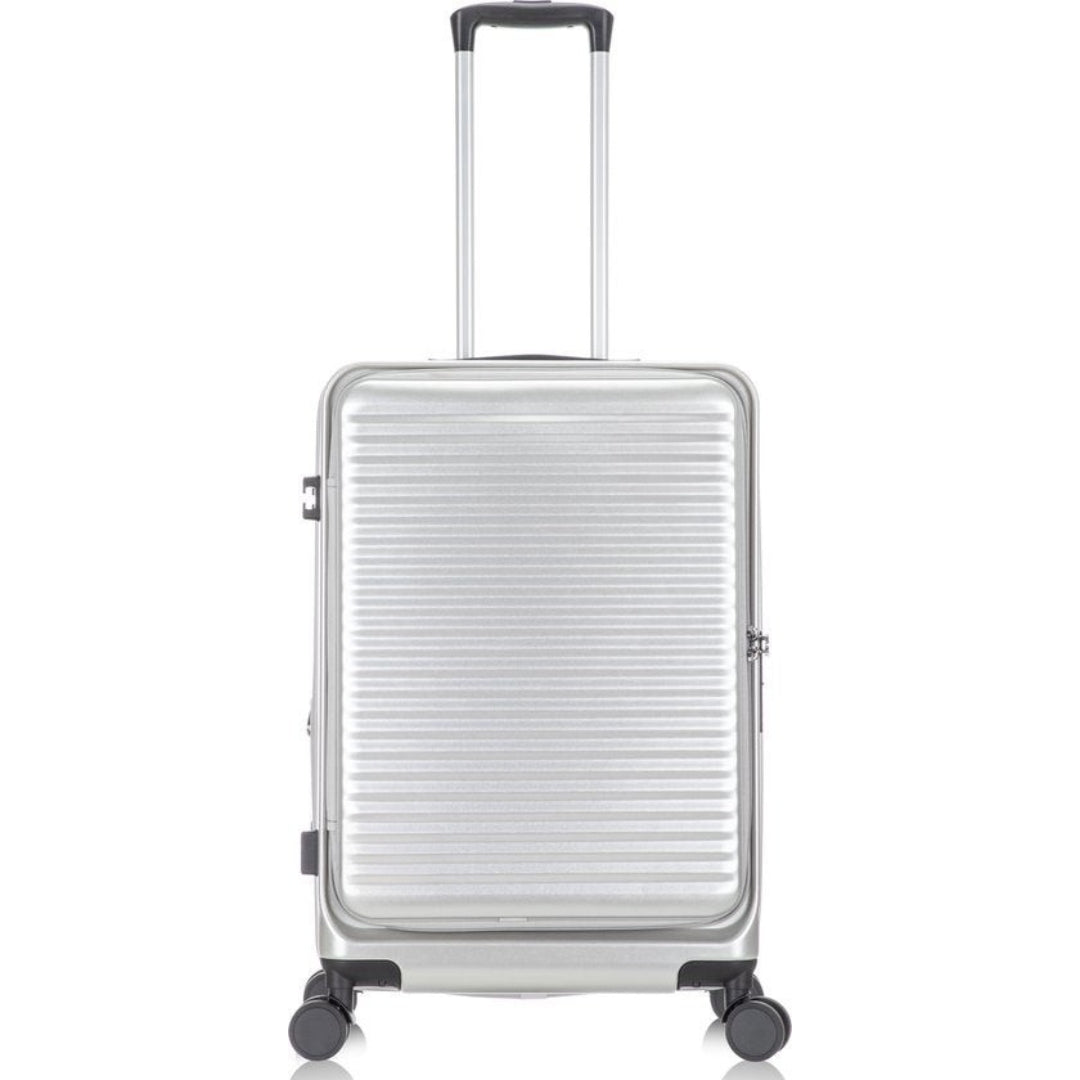 Sleek hardshell suitcase for men & women, perfect for short trips, with quick-access laptop pocket.