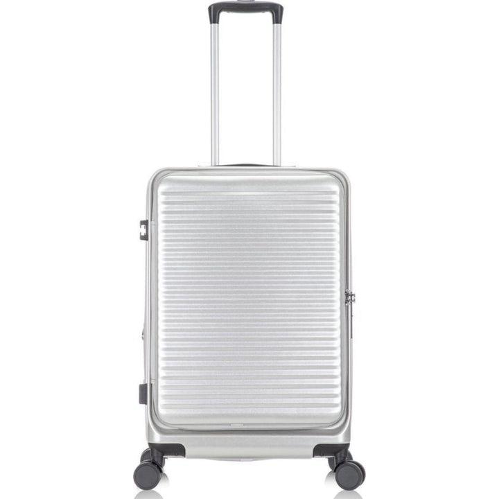 Sleek hardshell suitcase for men & women, perfect for short trips, with quick-access laptop pocket.