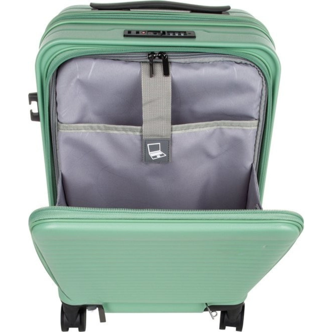 Unisex hardshell luggage, black, with a practical laptop compartment, designed for modern travelers.