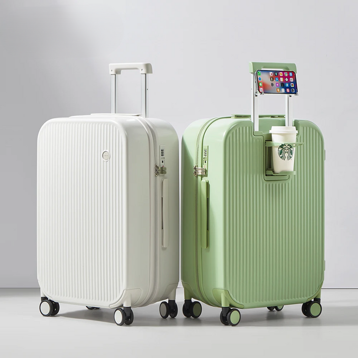 Lightweight hardshell travel bag with spinner wheels, perfect for vacation or business trips.