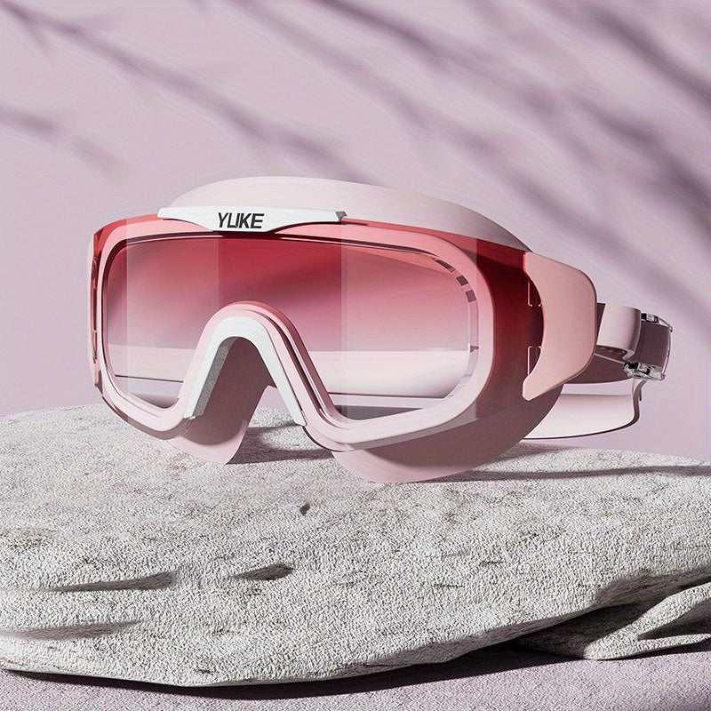 Side view of unisex anti-fog swimming goggles, showcasing adjustable strap & clear waterproof lenses.