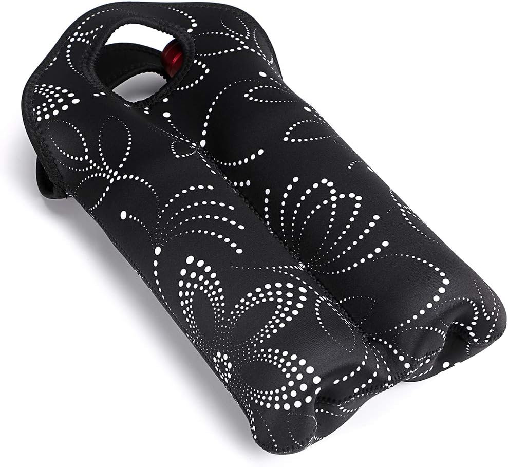 Neoprene insulated wine carrier, designed for two bottles and easy transport.