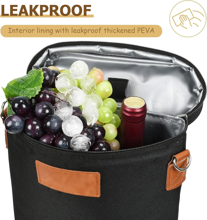 Durable travel wine bottle tote bag with insulation, securely carrying two bottles for outdoor adventures.