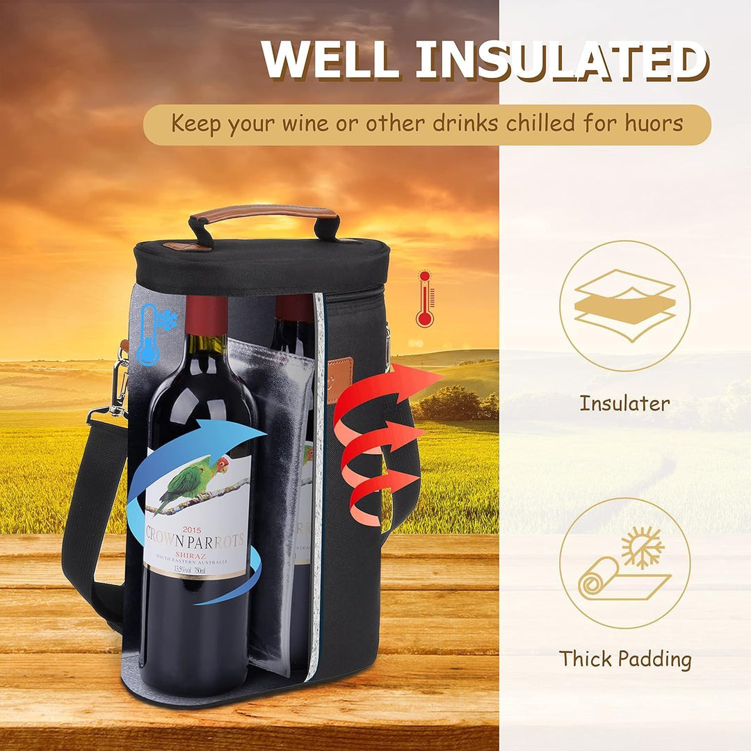 Versatile unisex insulated wine bottle tote, a functional travel accessory for carrying two wine bottles.