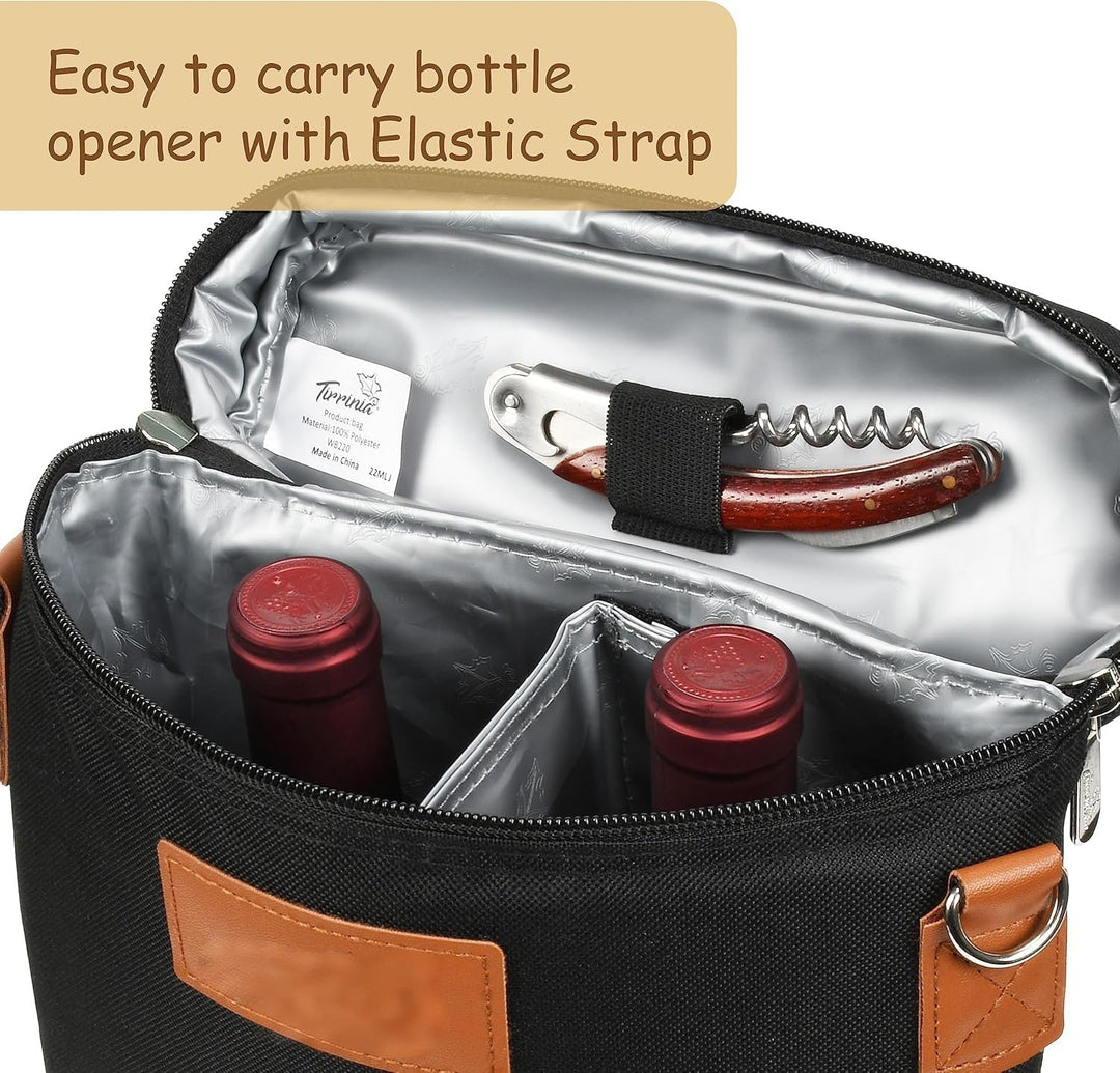 Efficient drink cooler bag, specially designed to safely transport and chill two wine bottles for any event.