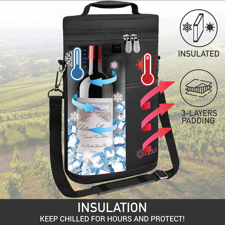 Portable insulated wine carrier bag, fits two bottles. Ideal for travel, beach, or outdoor events.