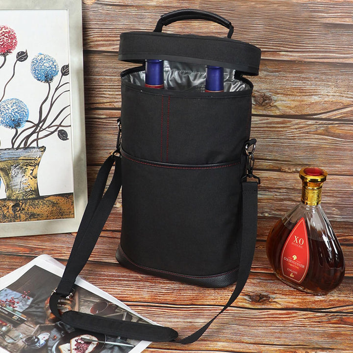 Stylish insulated two-bottle wine cooler tote. Essential for picnics, camping, or BYOB events.