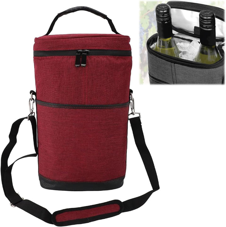 Versatile insulated drink cooler bag. Securely carries two wine bottles or other beverages for any outing.