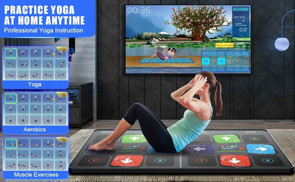 Adult exercising on an interactive dance mat; fun home fitness solution for active lifestyle.