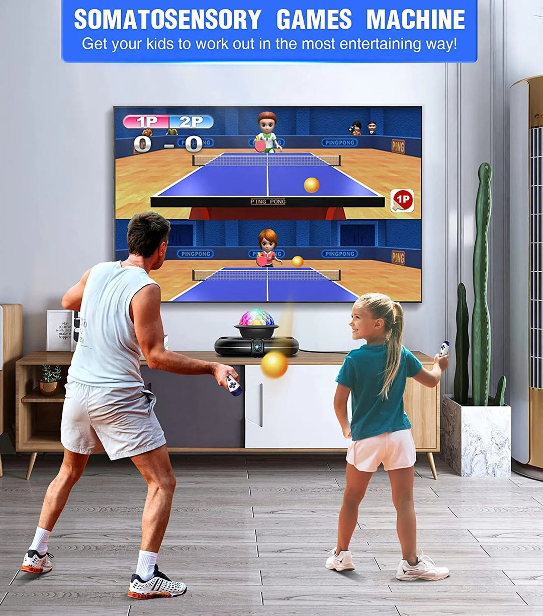 Multi-generational fun: Kids & adults playing on an interactive dance mat for exercise & entertainment.