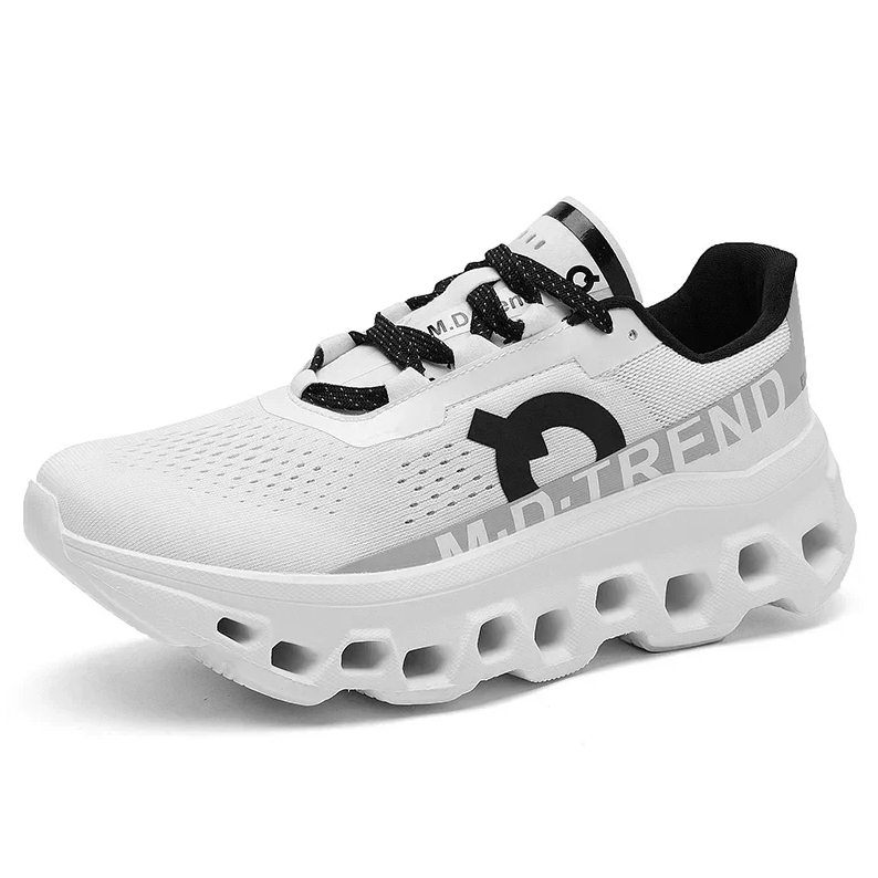 Clean white unisex lightweight running shoes, combining fashion sneakers with everyday athletic comfort.