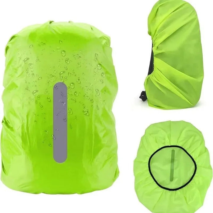 Adjustable waterproof backpack cover fits various bag sizes, perfect for hiking, cycling, or travel.