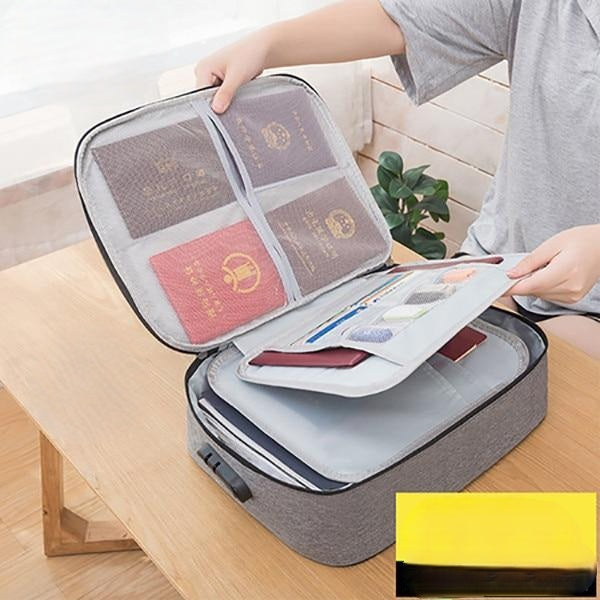 Unisex lockable waterproof document storage bag with multiple compartments for secure file & valuable organization.