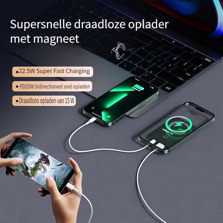 Modern magnetic wireless power bank, ultra-slim with fast charge, perfect portable phone accessory.