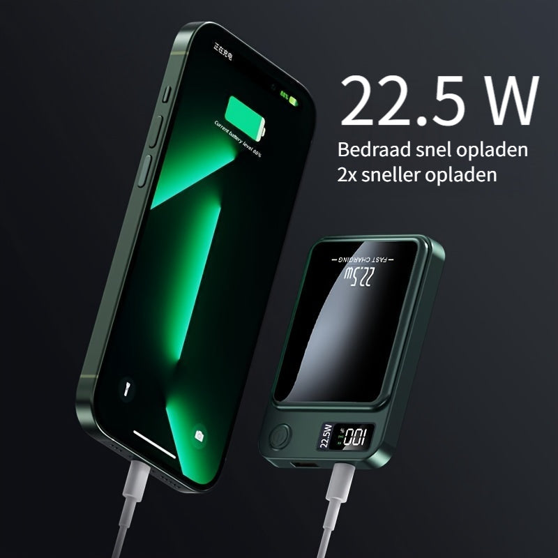 Unisex magnetic portable charger, 10000mAh with fast wireless charging and slim design.