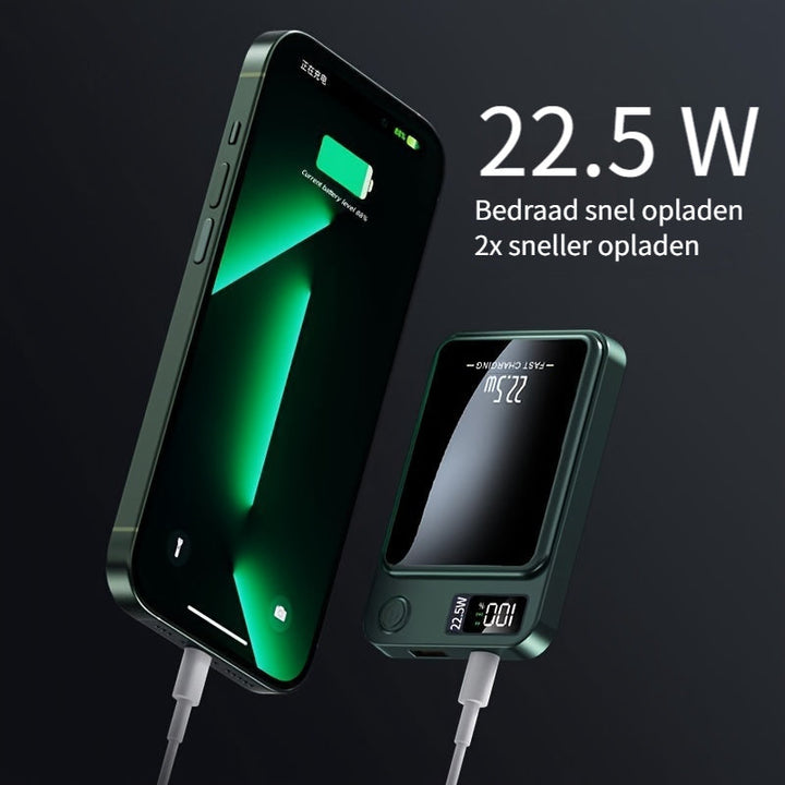 Unisex magnetic portable charger, 10000mAh with fast wireless charging and slim design.