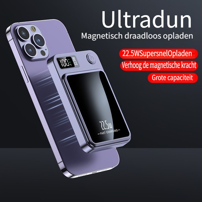 Ultra-slim magnetic power bank for wireless fast charging, perfect portable travel essential.
