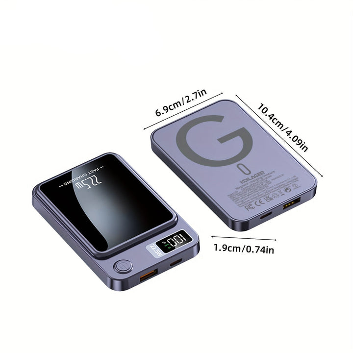 Sleek magnetic power bank for wireless charging, 10000mAh fast charge for all phones.