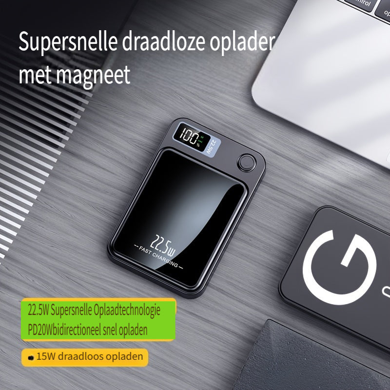 Portable 10000mAh magnetic wireless fast charger, an essential slim power bank for travel.