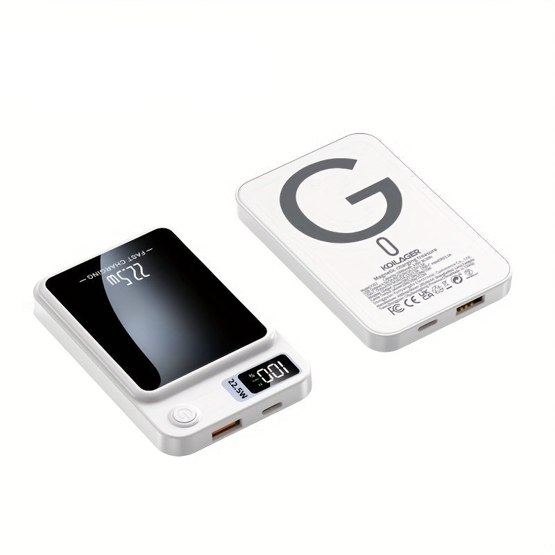 Slim design magnetic wireless charger, ideal portable power bank for fast phone charging.