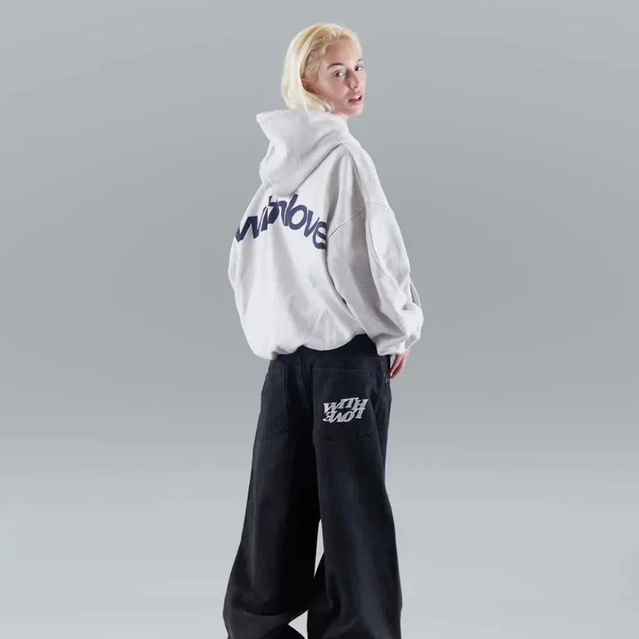 Versatile unisex oversized hoodie, slogan print, designed for casual outings, comfort, and layering.