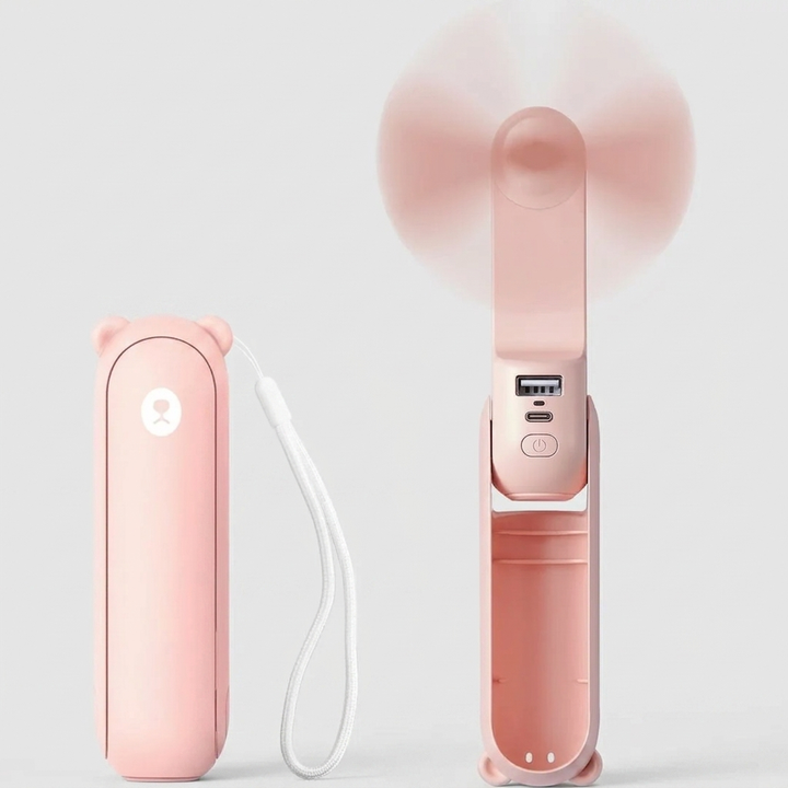 Rechargeable compact USB mini cooling fan & power bank. Versatile portable fan, ideal travel gadget & outdoor gear.