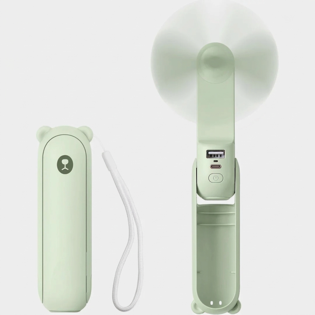 Close-up of the portable USB cooling fan's features: a mini fan, power bank, & flashlight. Ideal travel & outdoor gear.
