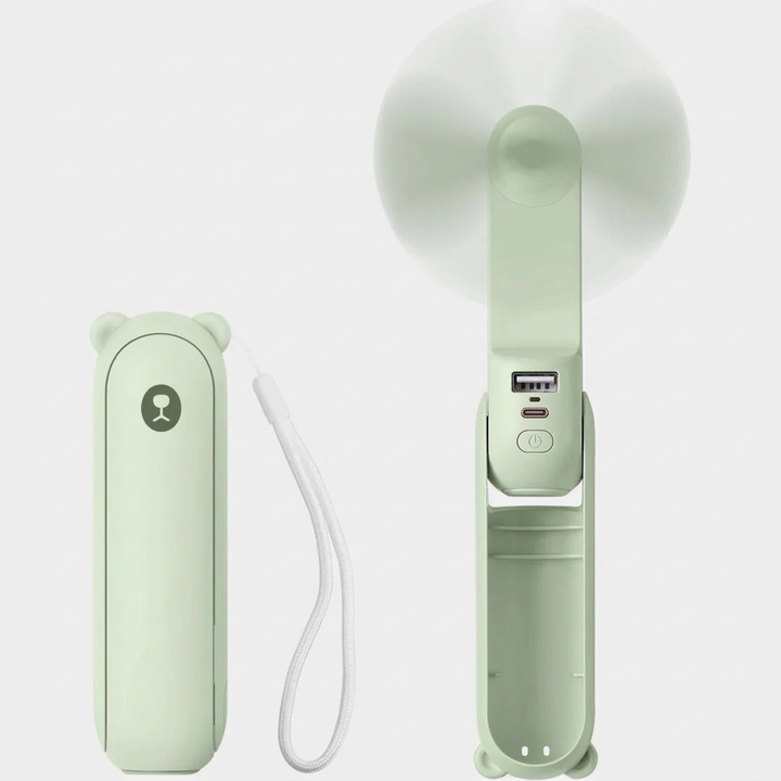 Close-up of the portable USB cooling fan's features: a mini fan, power bank, & flashlight. Ideal travel & outdoor gear.