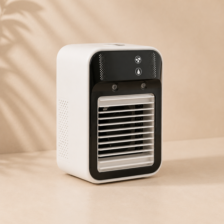 Unisex portable air cooler fan with digital display. Rechargeable for indoor/outdoor use, 3 speeds, cool breeze.
