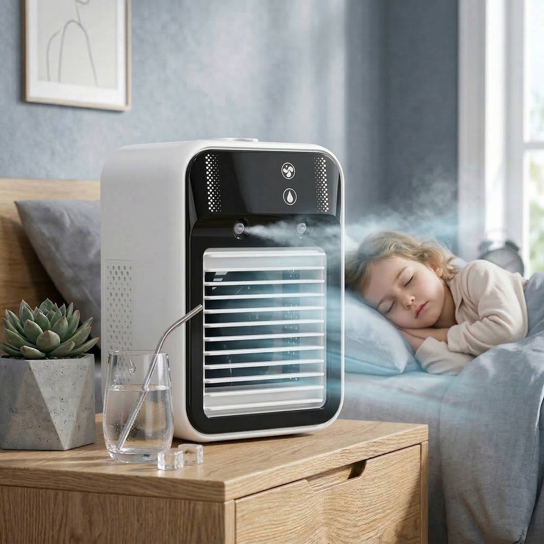 Personal misting air cooler fan with digital display. Rechargeable desk fan for a refreshing summer cool breeze.