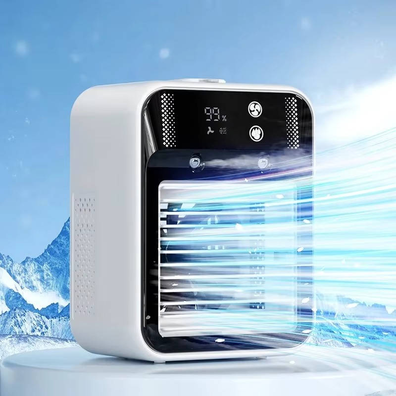 Portable air cooler fan with clear digital display. 3-speed rechargeable fan, perfect for indoor desk or outdoor use.