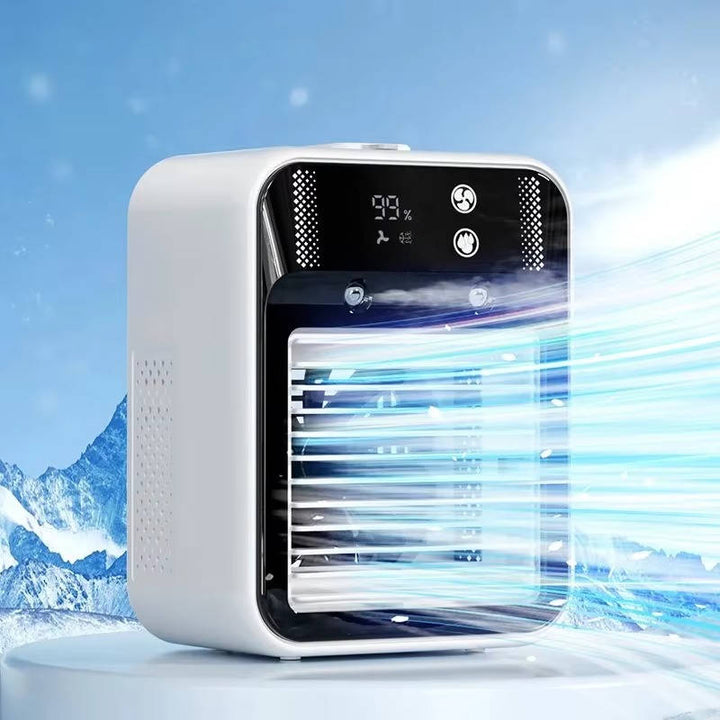 Portable air cooler fan with clear digital display. 3-speed rechargeable fan, perfect for indoor desk or outdoor use.