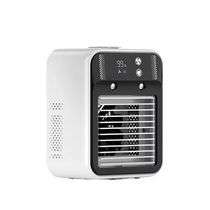 Compact portable air cooler fan. 3-speed rechargeable personal misting fan with digital display, a summer essential.