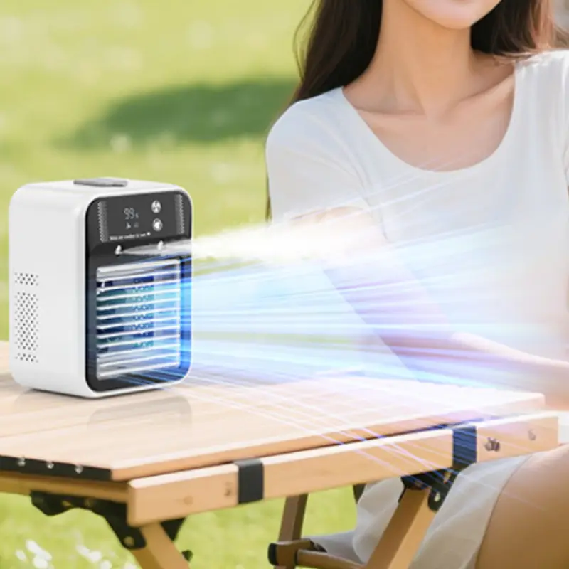 Unisex rechargeable portable air cooler fan for desk or outdoor use. Digital display, 3 speeds for a cool breeze.