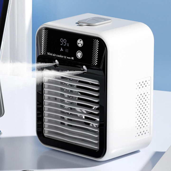 Rechargeable personal air cooler fan with misting function. Digital display, 3 speeds for an instant cool breeze.