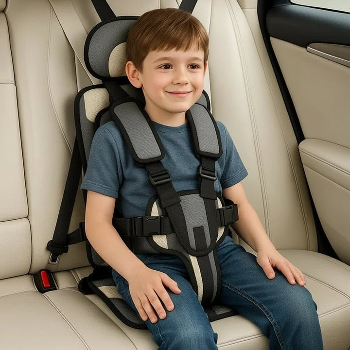 Compact child travel car seat, a foldable booster designed for on-the-go convenience and safety.