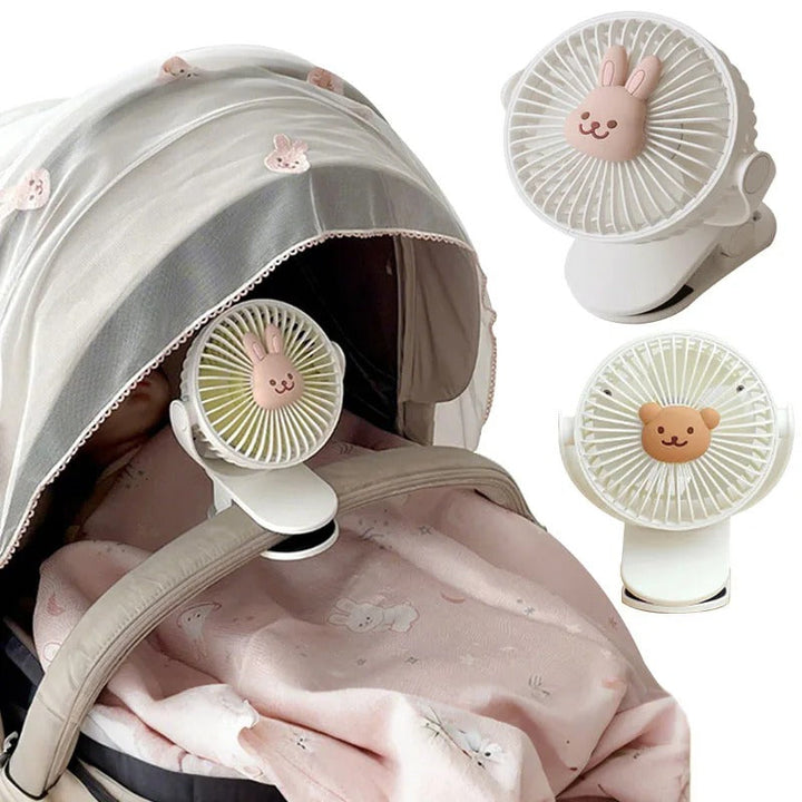Compact desk or stroller fan, unisex portable and rechargeable, offering instant personal breeze.