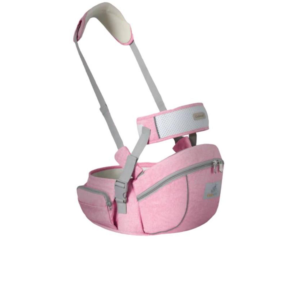 Parent carrying baby comfortably in a portable hip seat baby carrier. Ergonomic design ensures infant support for daily use.