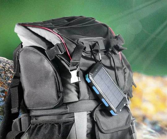 "Unisex portable solar power bank with IP67 waterproof, dual USB output, sleek design, ideal for outdoor adventures."