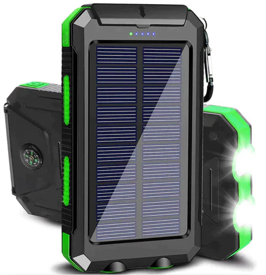 "Unisex portable solar power bank with IP67 waterproof, dual USB output, sleek design, ideal for outdoor adventures."