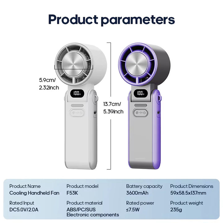 Unisex portable turbo cooling fan. Handheld rechargeable personal cooler, ideal for instant chill & summer travel.