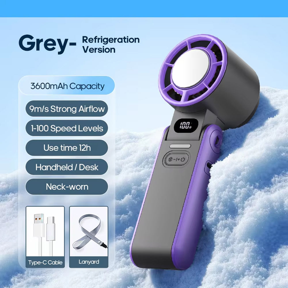Handheld turbo cooling fan with semiconductor tech. Portable personal cooler for outdoor and travel use.