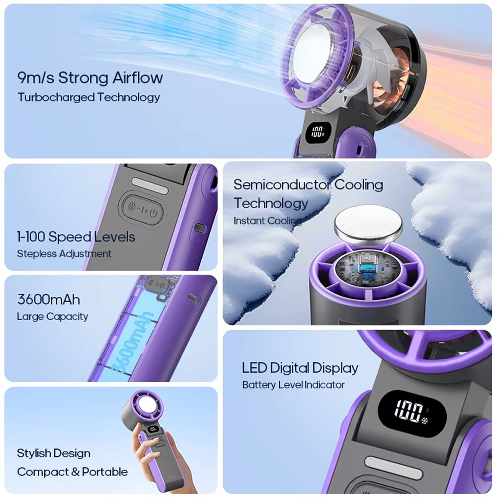 Portable turbo cooling fan, handheld design. Instant chill personal cooler, a rechargeable summer essential.