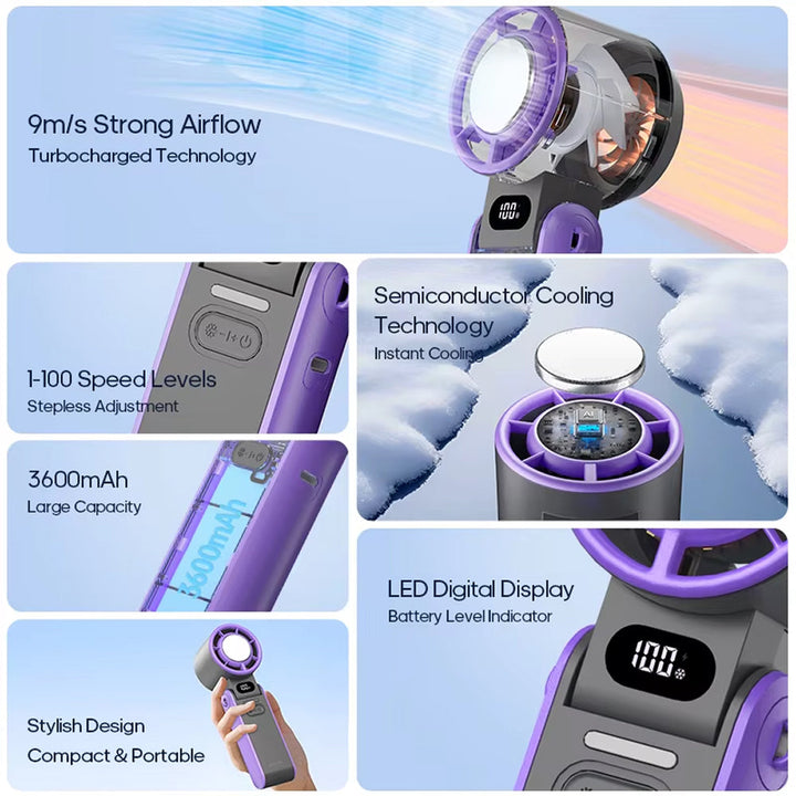 Portable turbo cooling fan, handheld design. Instant chill personal cooler, a rechargeable summer essential.