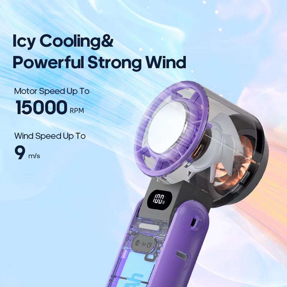 Compact handheld turbo fan with semiconductor cooling. Portable rechargeable personal cooler for instant chill.