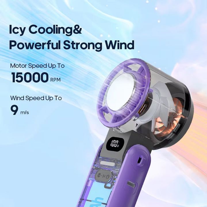 Compact handheld turbo fan with semiconductor cooling. Portable rechargeable personal cooler for instant chill.