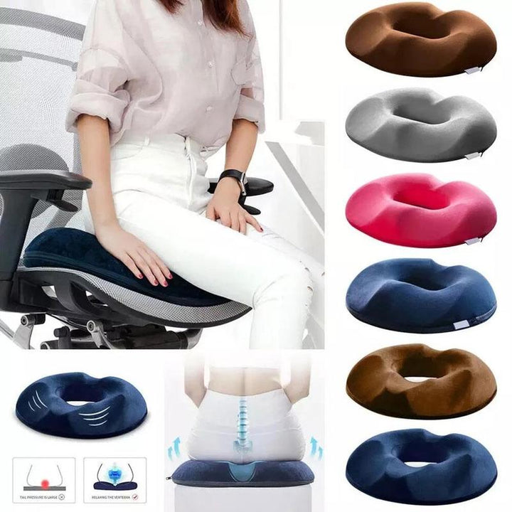Ergonomic memory foam pressure relief cushion for comfortable sitting & hemorrhoid pain relief.